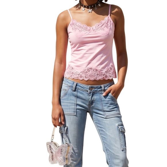W.D.N.Y. Tops - Vintage Y2K Silk Blend Lace Camisole Pink Trim Sequin Top Petite Large Coquette